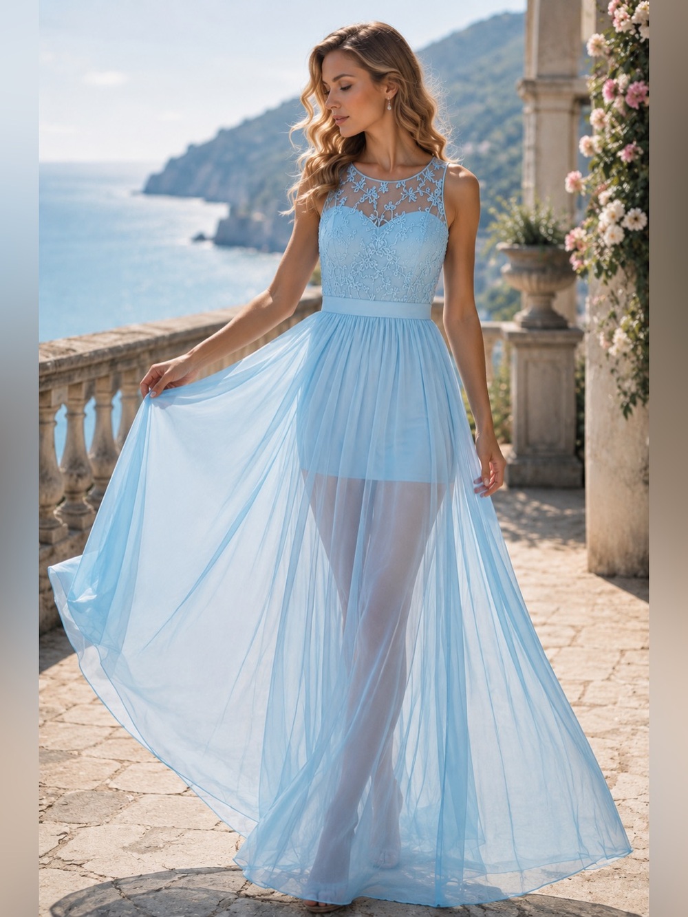 Baluoke Light Blue Embroidered Sheer Maxi Dress NWT Size S